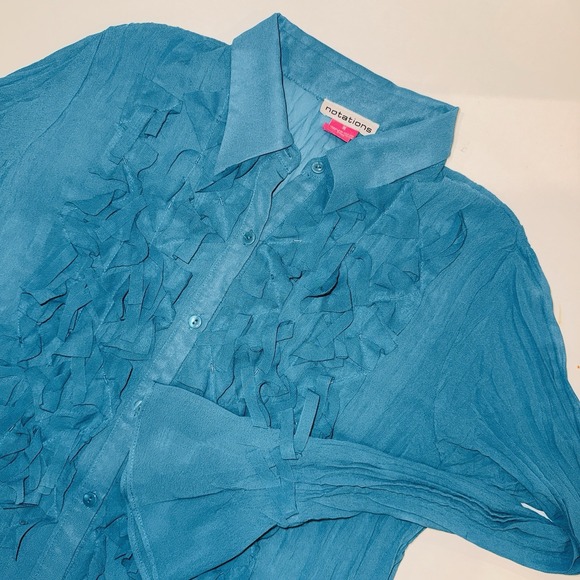 Notations Tops - Notations Teal Ruffle Blouse M Sheer Crinkle Texture Bell Sleeve Y2K Fairycore